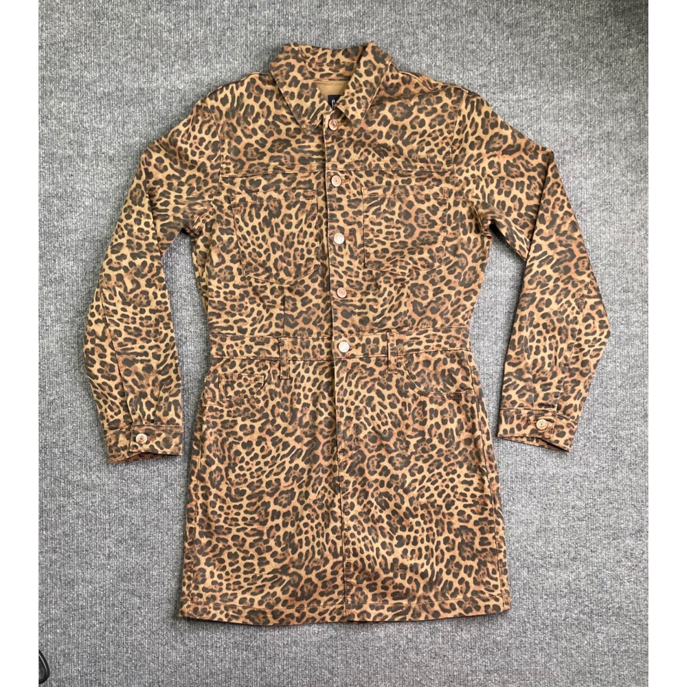 Gap Denim Dress Womens S Brown Leopard Print Long Sleeve Mini Button Front‎ New